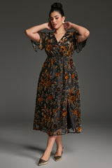 Curveins Plus Size V-Neck Sheer Batwing Sleeve Floral Velvet Midi Dress
