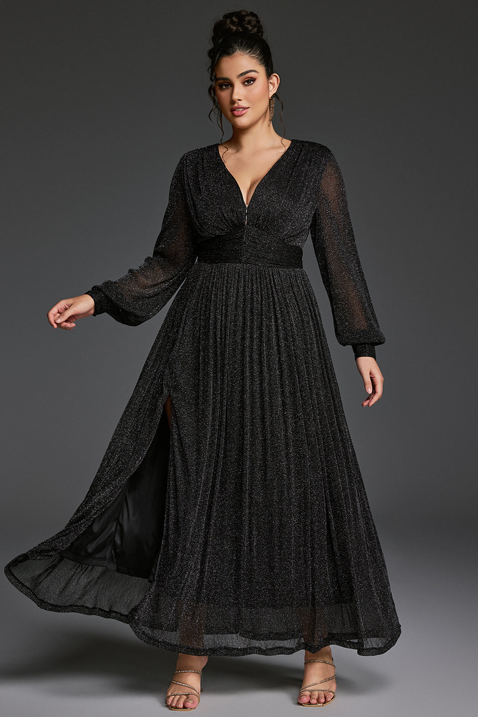 Curveins Plus Size V-Neck Lantern Sleeve Slit Hem Maxi Dress