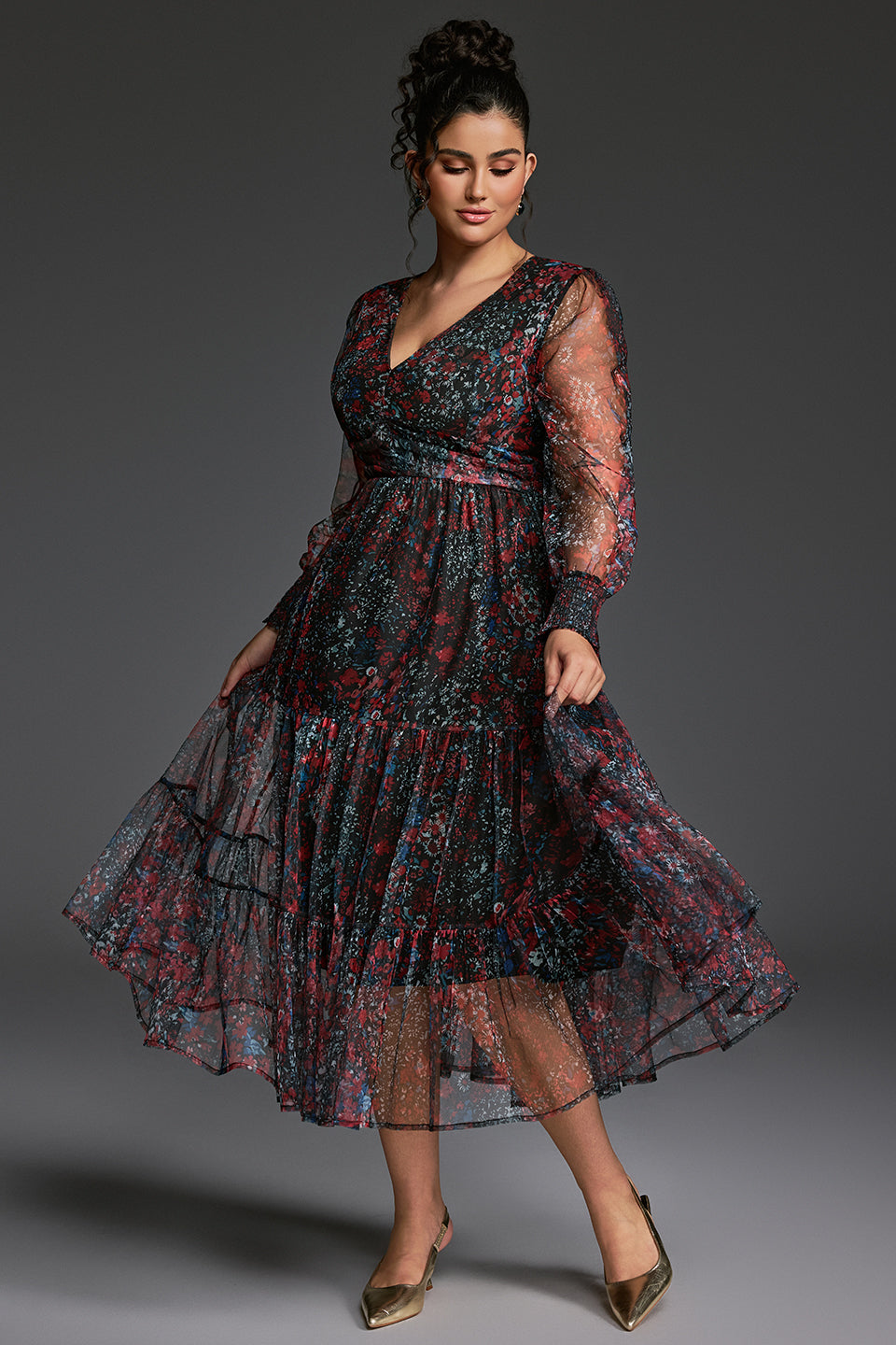 Curveins Plus Size V-Neck Floral Asymmetrical Hem Midi Dress