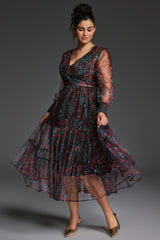 Curveins Plus Size V-Neck Floral Asymmetrical Hem Midi Dress