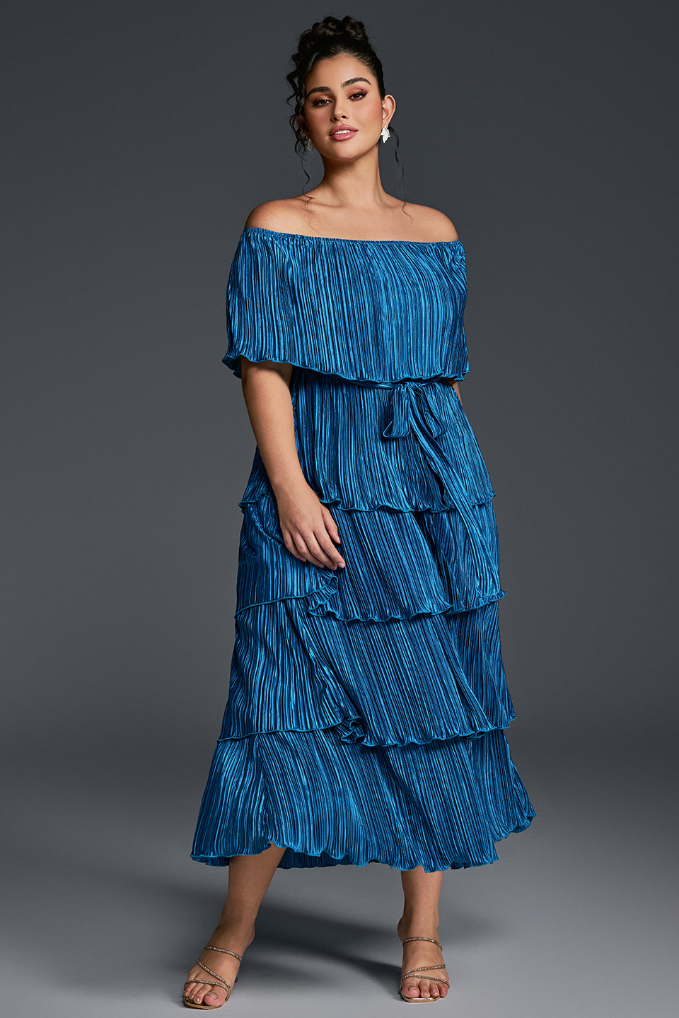 Curveins Plus Size Off-Shoulder Pleated Tiered Maxi Dress