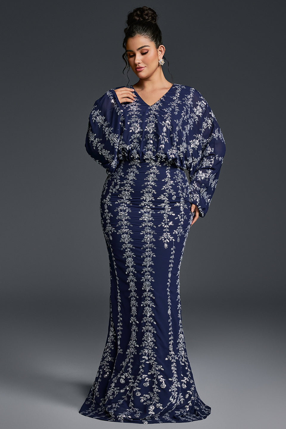 Curveins Plus Size V-Neck Vertical Sequin Bodycon Maxi Dress Elegant Evening Wear