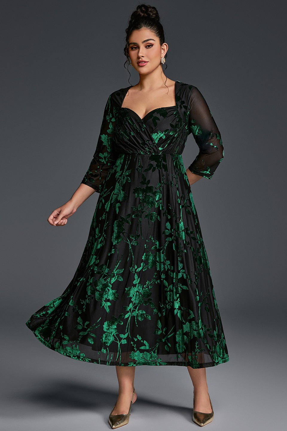 Curveins Plus Size V-Neck Three Quarter Sleeve Patterned Velvet Maxi Dress