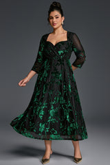 Curveins Plus Size V-Neck Three Quarter Sleeve Patterned Velvet Maxi Dress