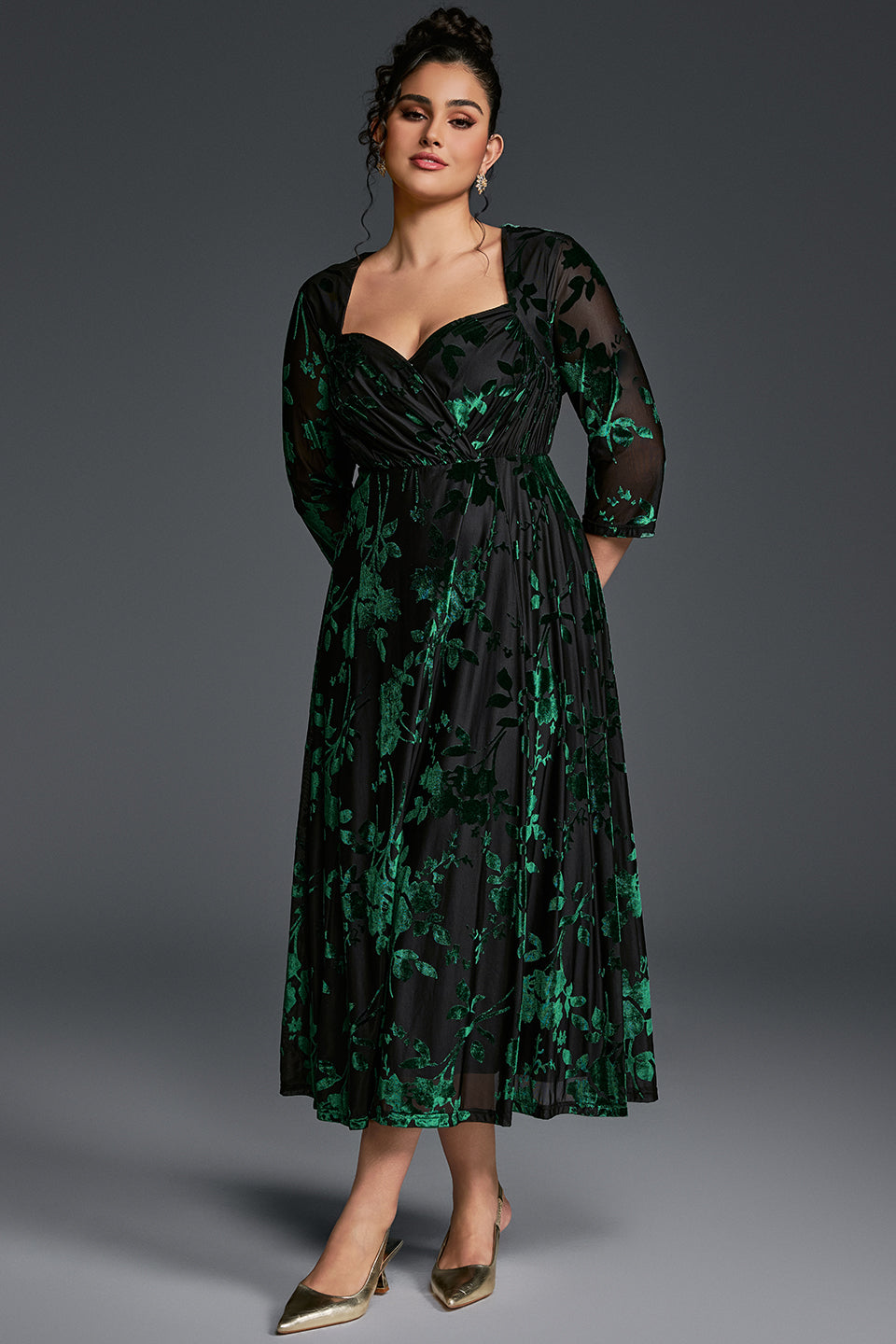 Curveins Plus Size V-Neck Three Quarter Sleeve Patterned Velvet Maxi Dress