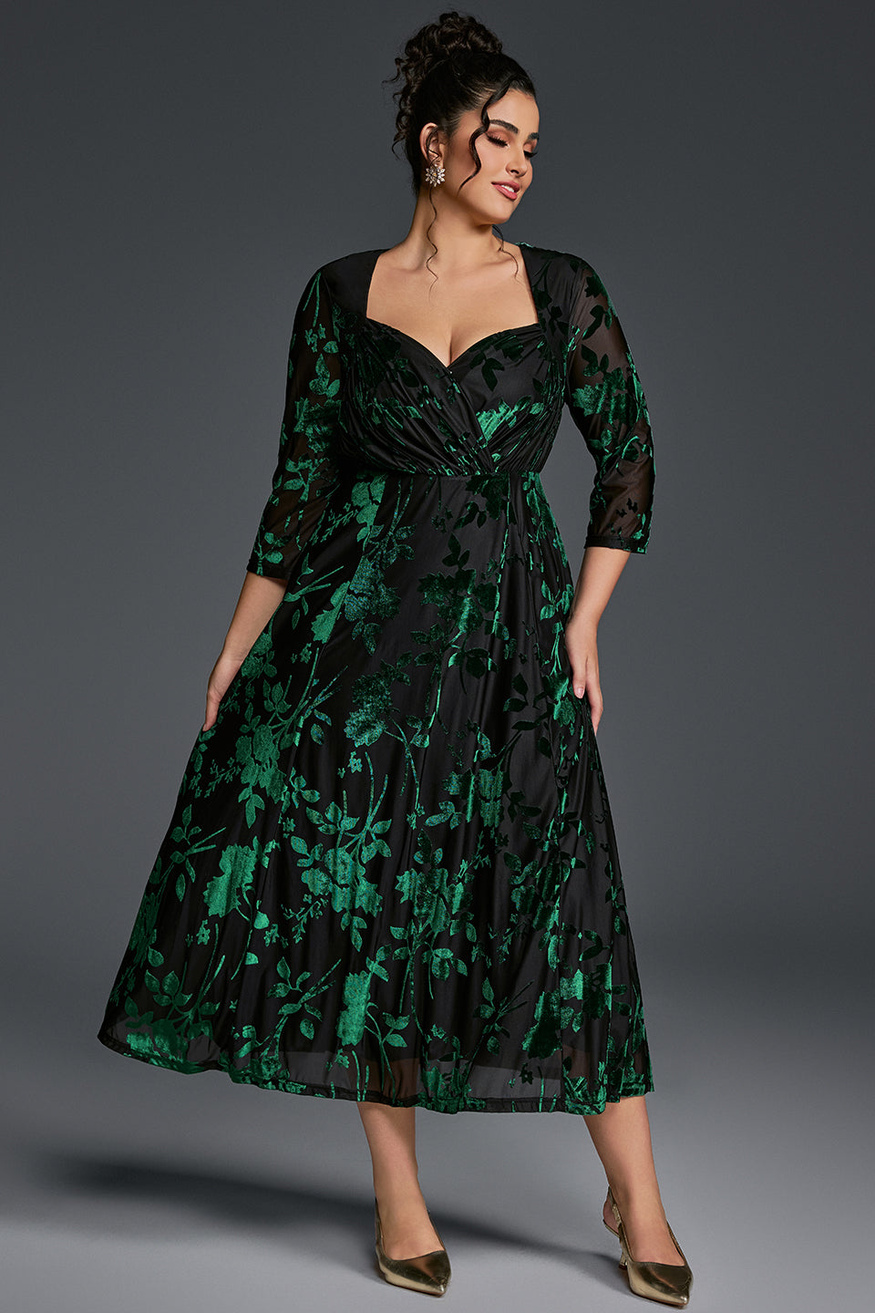 Curveins Plus Size V-Neck Three Quarter Sleeve Patterned Velvet Maxi Dress