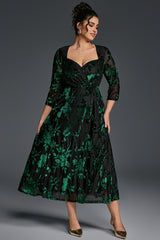 Curveins Plus Size V-Neck Three Quarter Sleeve Patterned Velvet Maxi Dress