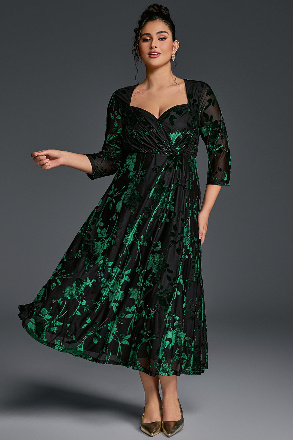 Curveins Plus Size V-Neck Three Quarter Sleeve Patterned Velvet Maxi Dress