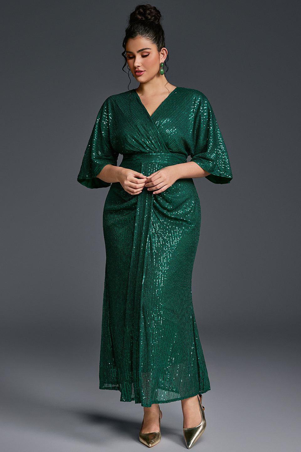 Curveins Plus Size Solid Color V-Neck High Waist Sequin Maxi Dress