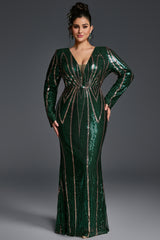 Curveins Plus Size V-Neck Long Sleeve Spider Web Sequin Bodycon Maxi Dress