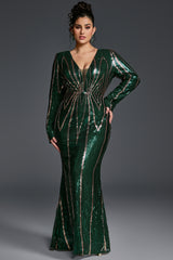 Curveins Plus Size V-Neck Long Sleeve Spider Web Sequin Bodycon Maxi Dress