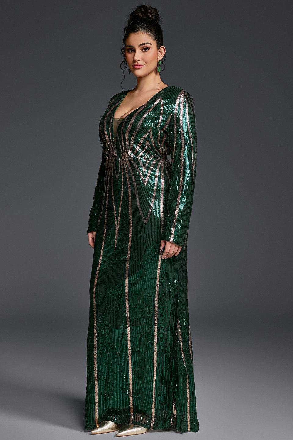 Curveins Plus Size V-Neck Long Sleeve Spider Web Sequin Bodycon Maxi Dress