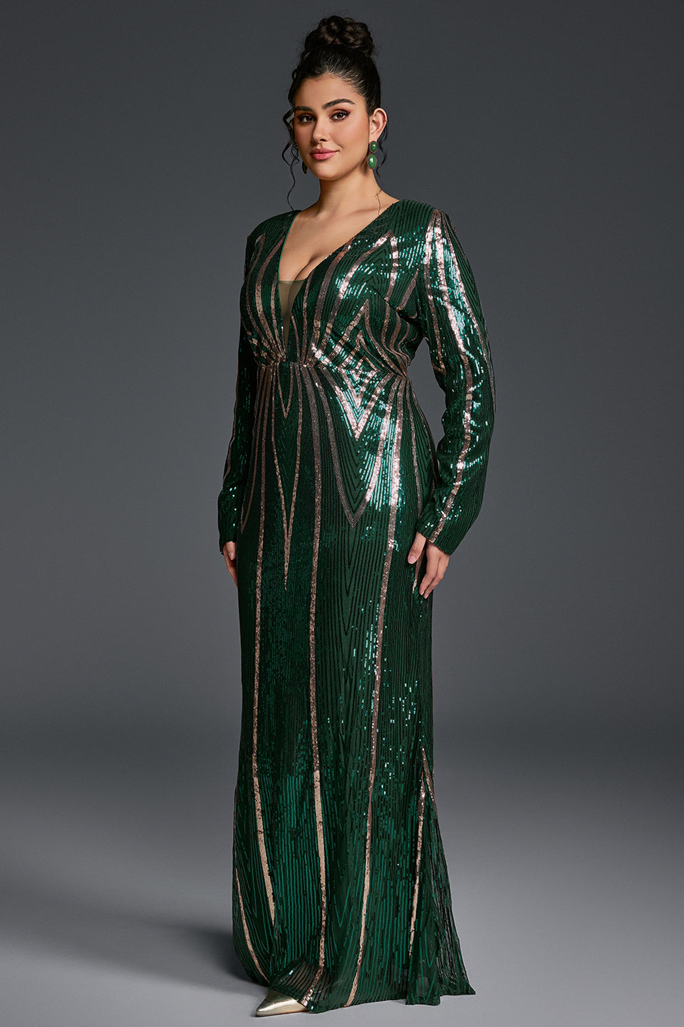 Curveins Plus Size V-Neck Long Sleeve Spider Web Sequin Bodycon Maxi Dress