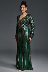Curveins Plus Size V-Neck Long Sleeve Spider Web Sequin Bodycon Maxi Dress