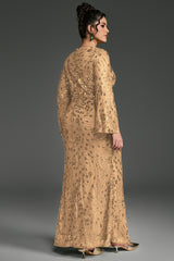 Curveins Plus Size V-Neck Long Sleeves Sequin Floral Bodycon Maxi Dress