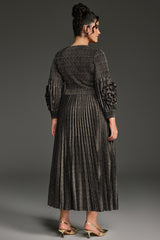 Curveins Plus Size V-Neck Long Sleeve Waist Tie Pleated Maxi Dress