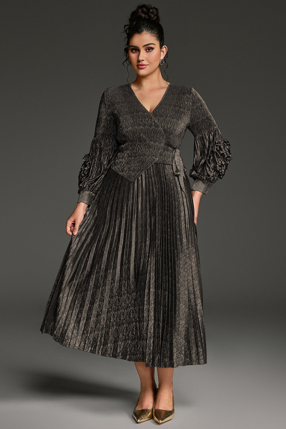 Curveins Plus Size V-Neck Long Sleeve Waist Tie Pleated Maxi Dress
