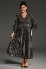 Curveins Plus Size V-Neck Long Sleeve Waist Tie Pleated Maxi Dress