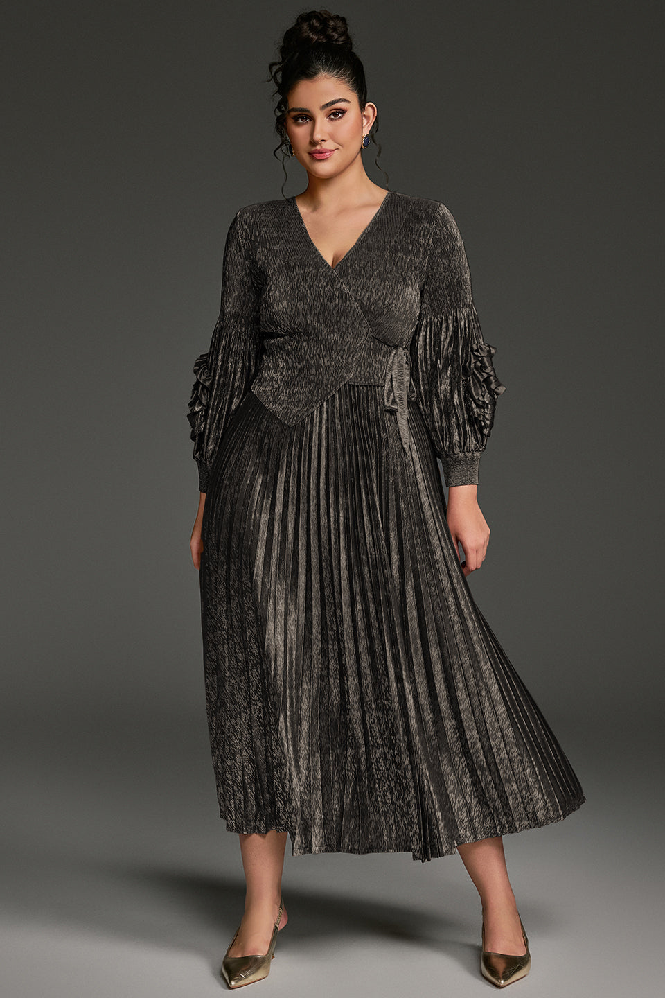 Curveins Plus Size V-Neck Long Sleeve Waist Tie Pleated Maxi Dress