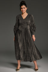 Curveins Plus Size V-Neck Long Sleeve Waist Tie Pleated Maxi Dress