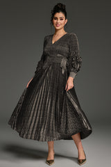 Curveins Plus Size V-Neck Long Sleeve Waist Tie Pleated Maxi Dress