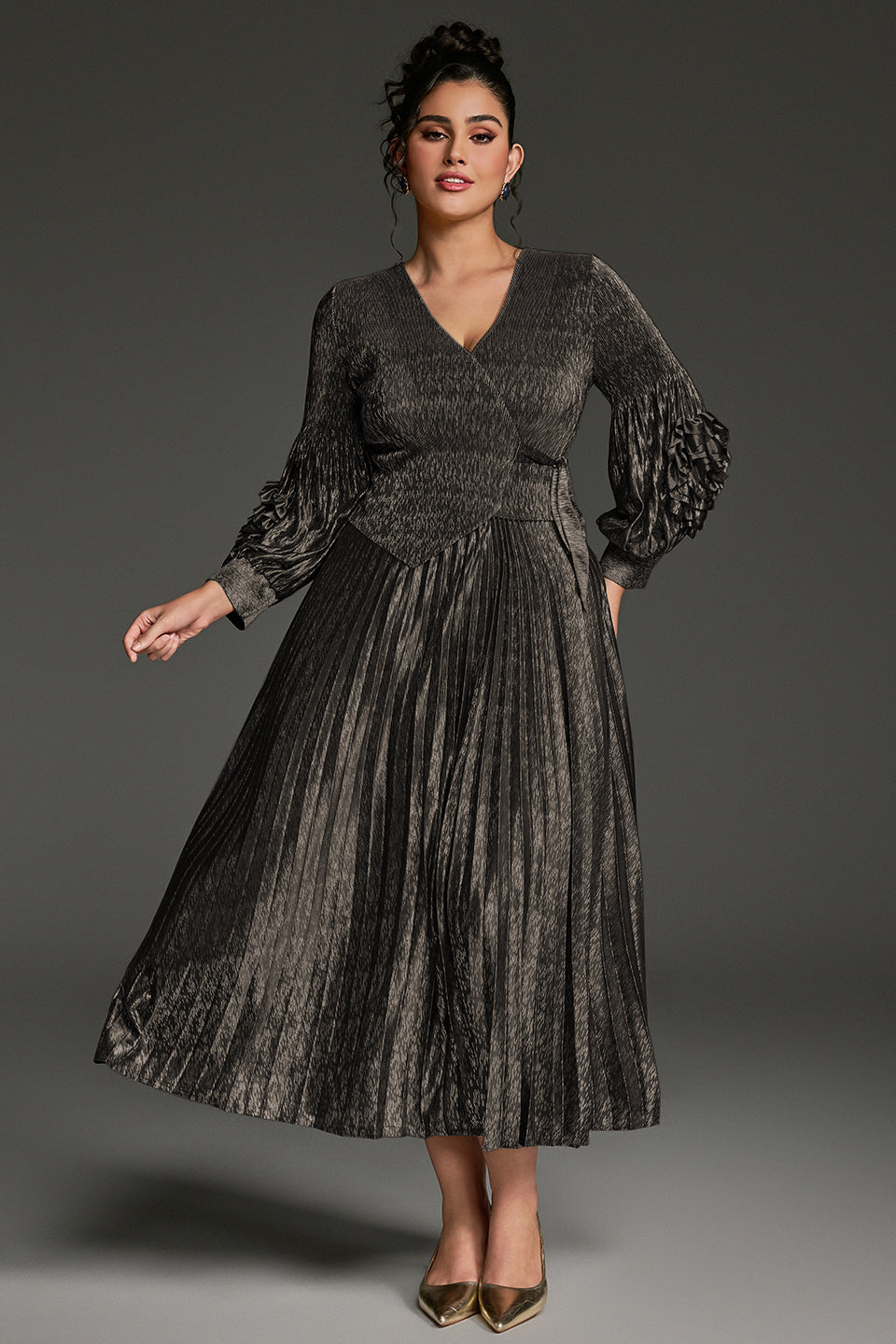 Curveins Plus Size V-Neck Long Sleeve Waist Tie Pleated Maxi Dress