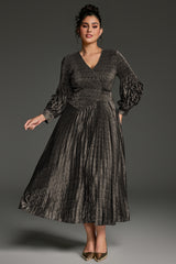 Curveins Plus Size V-Neck Long Sleeve Waist Tie Pleated Maxi Dress