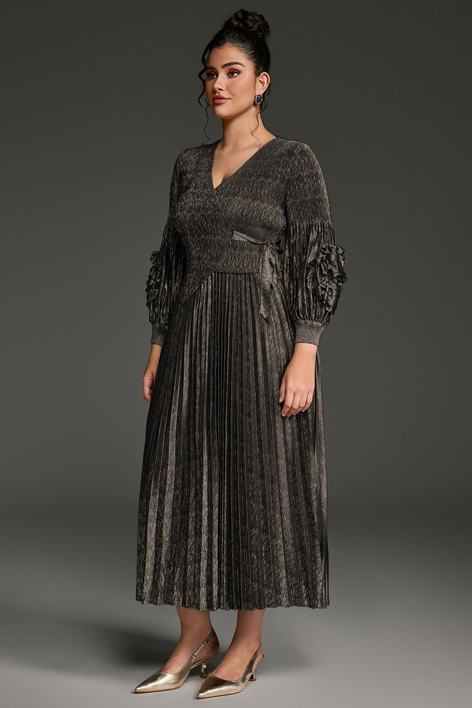Curveins Plus Size V-Neck Long Sleeve Waist Tie Pleated Maxi Dress