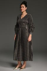 Curveins Plus Size V-Neck Long Sleeve Waist Tie Pleated Maxi Dress