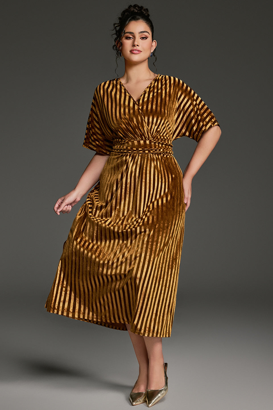 Curveins Plus Size Striped V-Neck Belted Waist Velvet Midi Dress