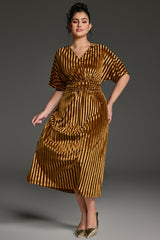 Curveins Plus Size Striped V-Neck Belted Waist Velvet Midi Dress