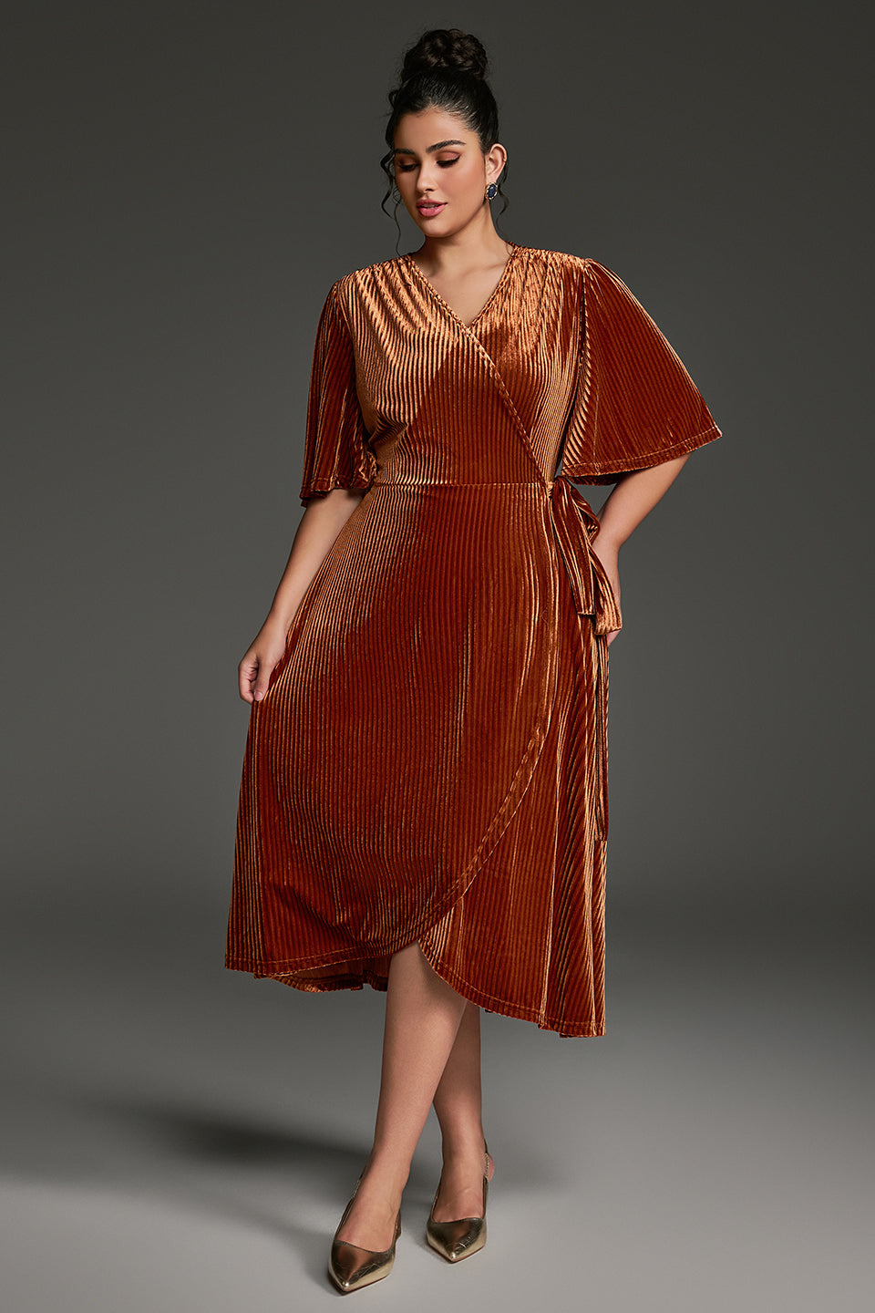 Curveins Plus Size Wrap V-Neck Belted Asymmetrical Hem Midi Dress