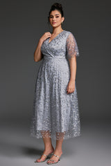 Curveins Plus Size V-Neck Ruffle Sleeve Embroidered Maxi Dress