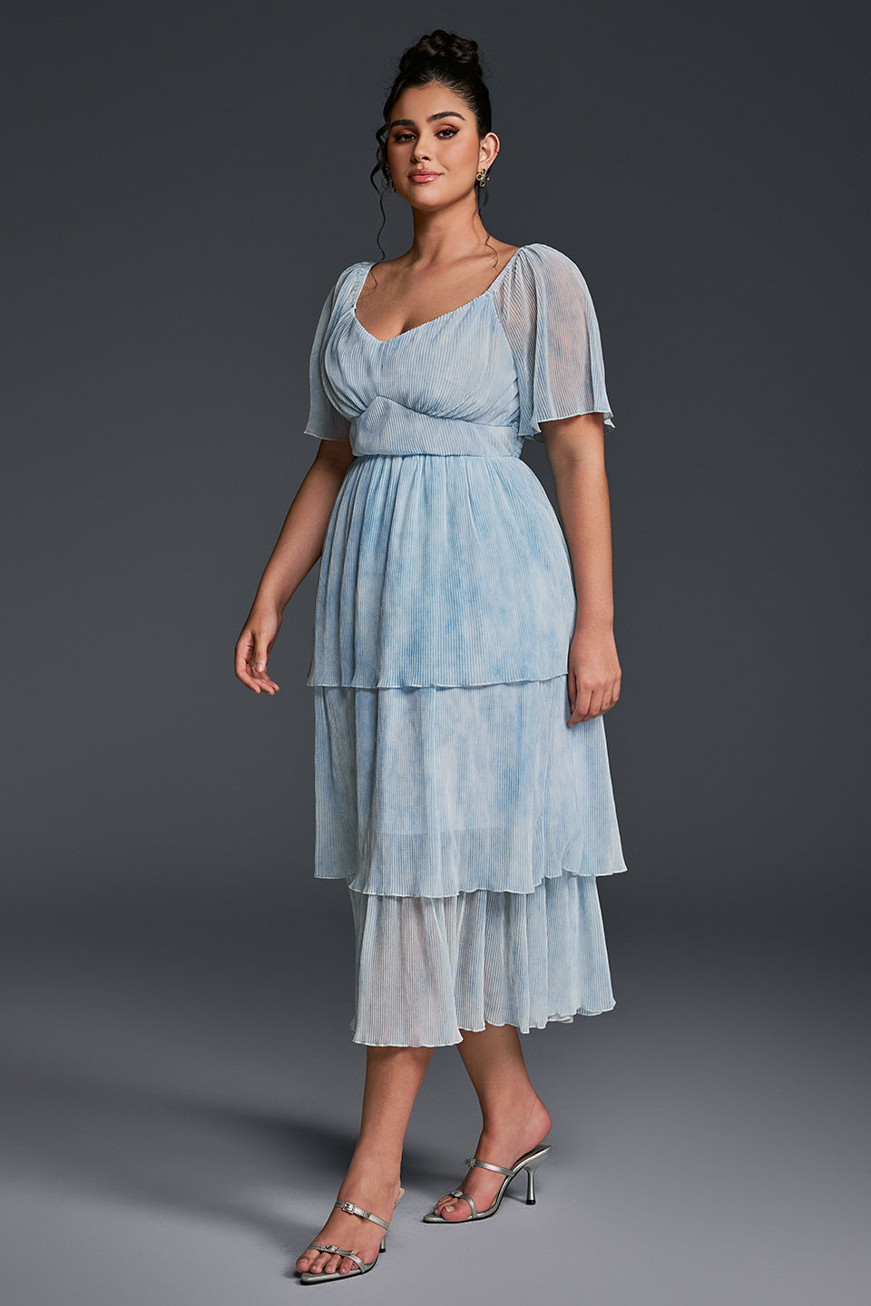 Curveins Plus Size V-Neck Ruffle Hem Tiered Maxi Dress