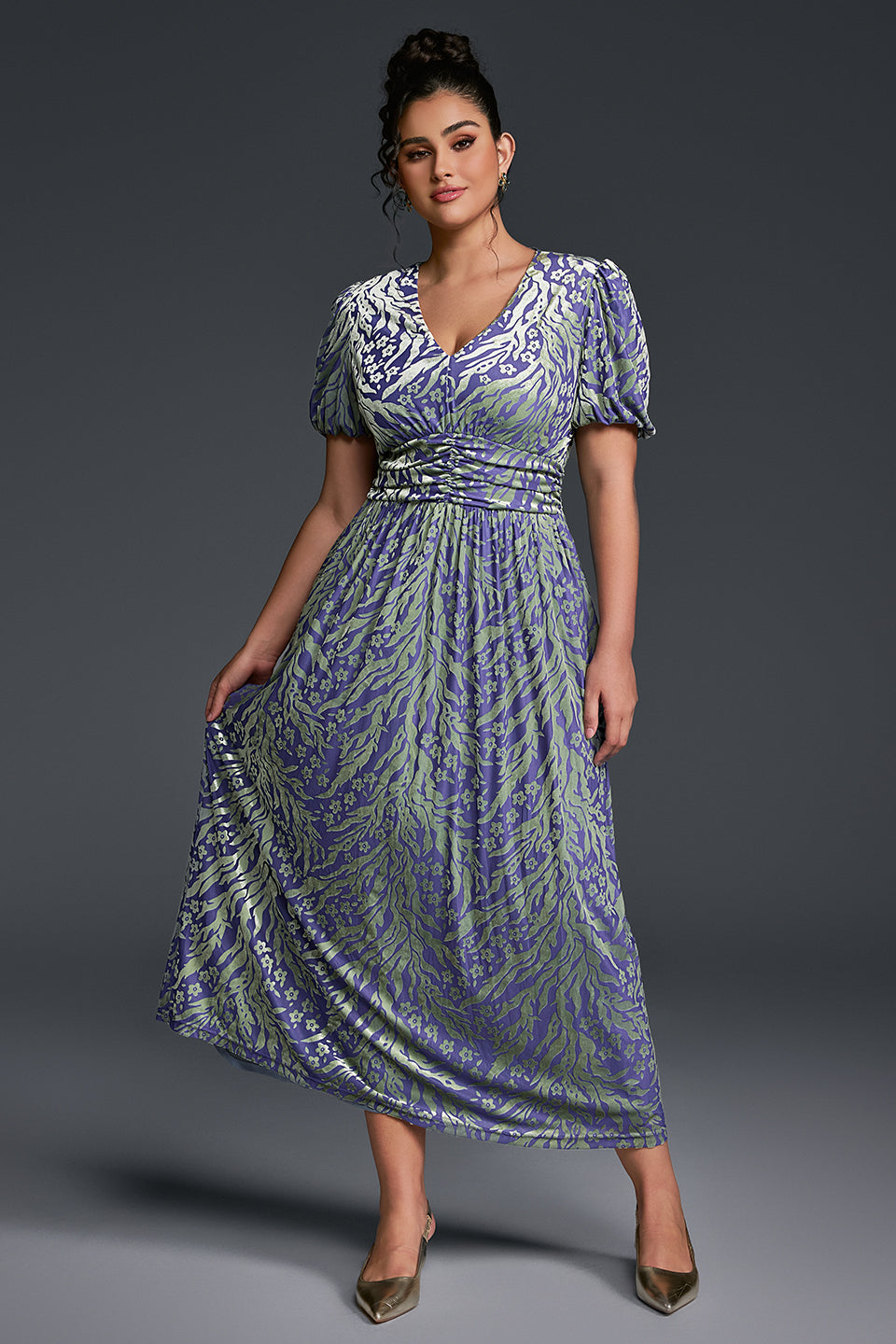 Curveins Plus Size V-Neck Velvet Plain Maxi Dress