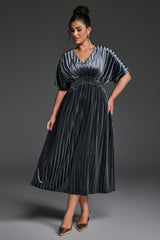 Curveins Plus Size V-Neck Batwing Sleeve Pleated A-Line Velvet Midi Dress