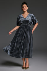 Curveins Plus Size V-Neck Batwing Sleeve Pleated A-Line Velvet Midi Dress