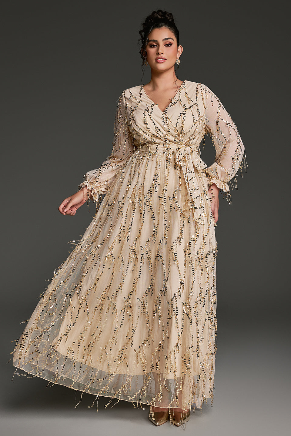 Curveins Plus Size V-Neck Sequin Tassel High-Waist Maxi Dress