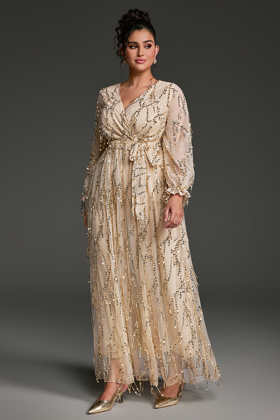 Curveins Plus Size V-Neck Sequin Tassel High-Waist Maxi Dress