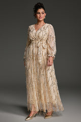 Curveins Plus Size V-Neck Sequin Tassel High-Waist Maxi Dress