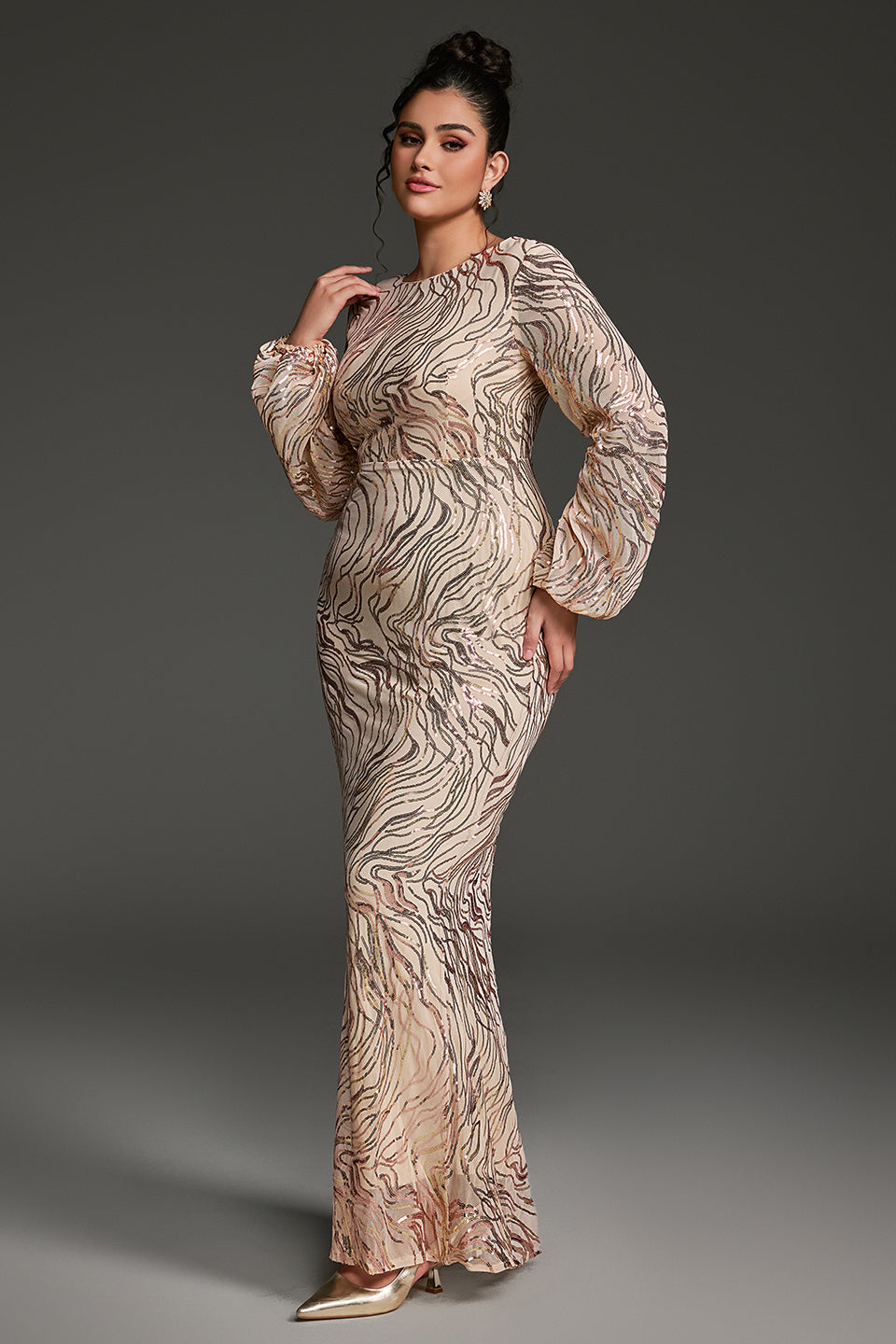 Curveins Plus Size Round Neck Puff Sleeve Striped Sequin Bodycon Maxi Dress