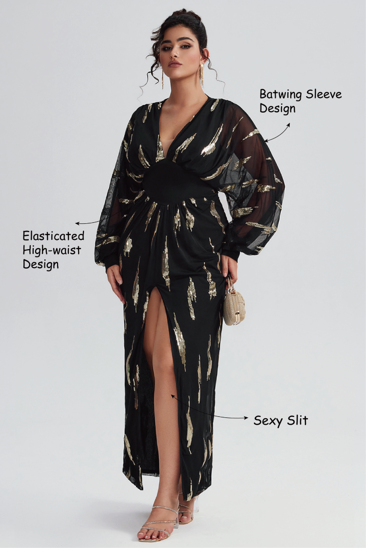Curveins Plus Size V Neck Sequins Lantern Sleeve Slit Mes... Curveins Plus Size V Neck Sequins Lantern Sleeve Slit Mes...