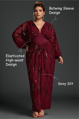 Curveins Plus Size Lantern Sleeve Slit Mesh Dress -Burgundy