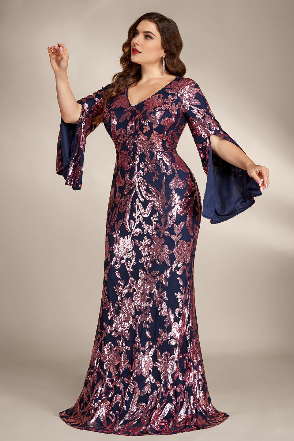 Curveins Plus Size Elegant V-Neck Sequin Bodycon Dress with Slit Sleeves