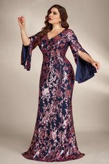 Curveins Plus Size Elegant V-Neck Sequin Bodycon Dress with Slit Sleeves