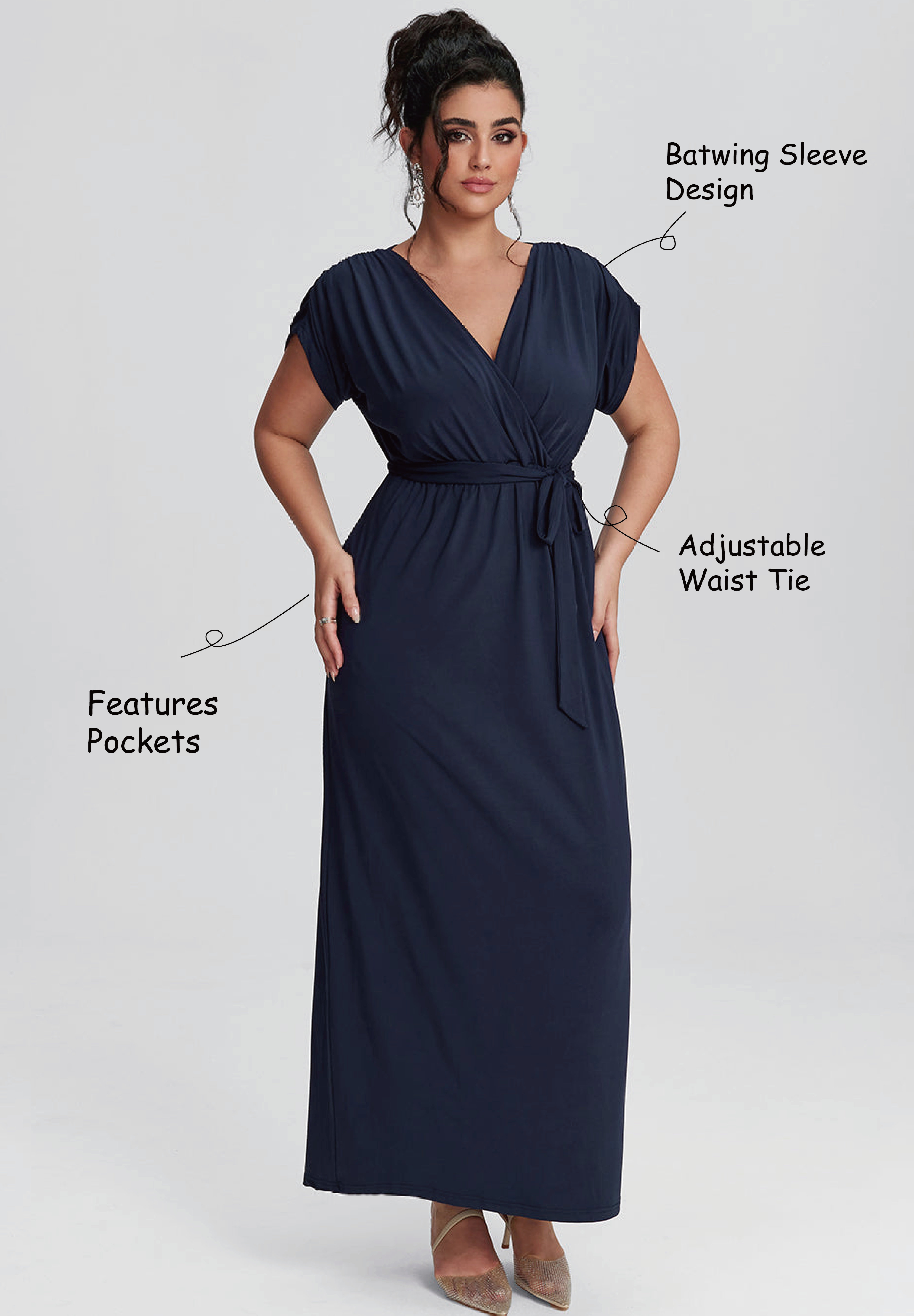 Curveins Plus Size Elastic Waist Shirred V-Neck Wrap Maxi Dress