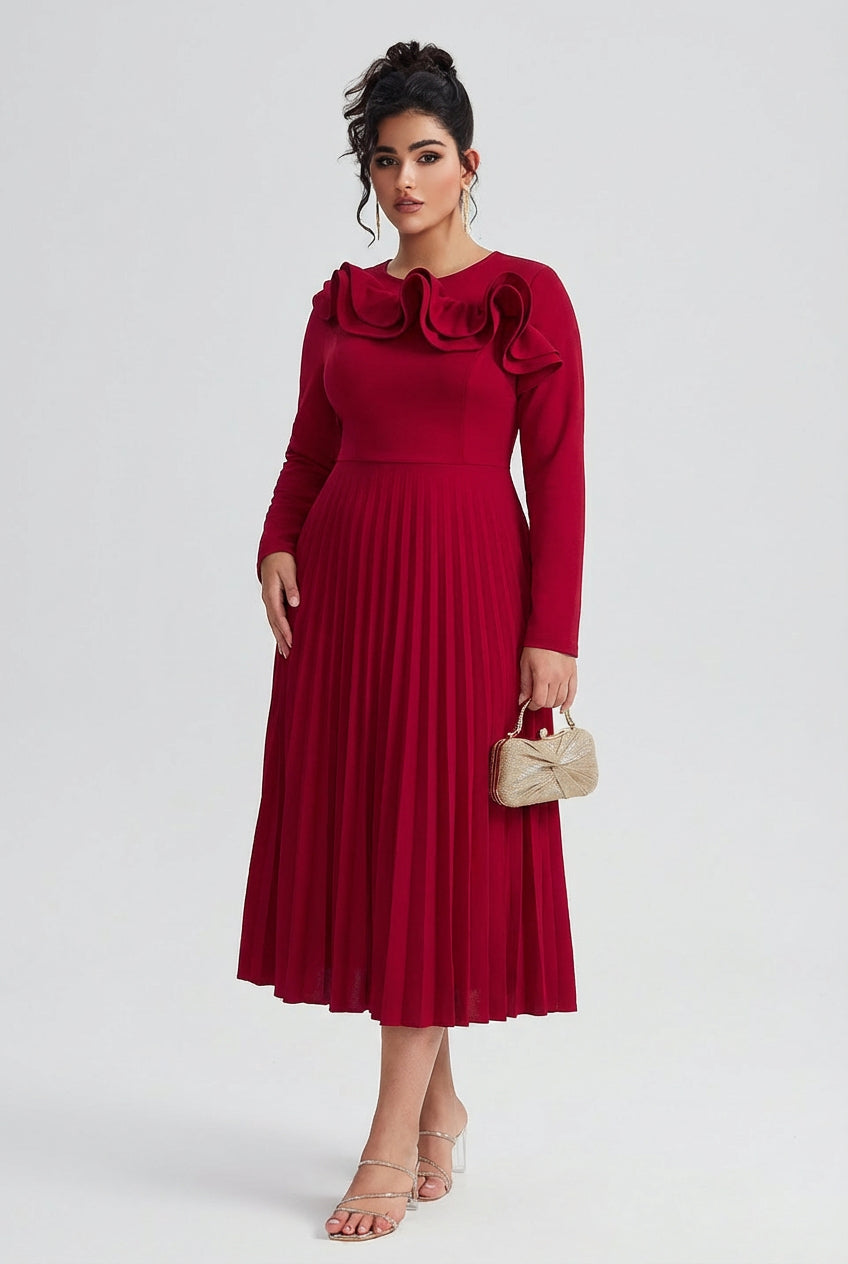 Curveins Plus Size Round-Neck Ruffled Long-Sleeve Elegant Pleated Maxi Dress