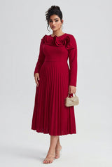 Curveins Plus Size Round-Neck Ruffled Long-Sleeve Elegant Pleated Maxi Dress