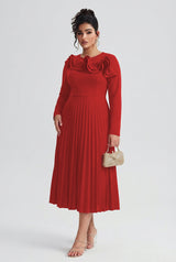 Curveins Plus Size Round-Neck Ruffled Long-Sleeve Elegant Pleated Maxi Dress
