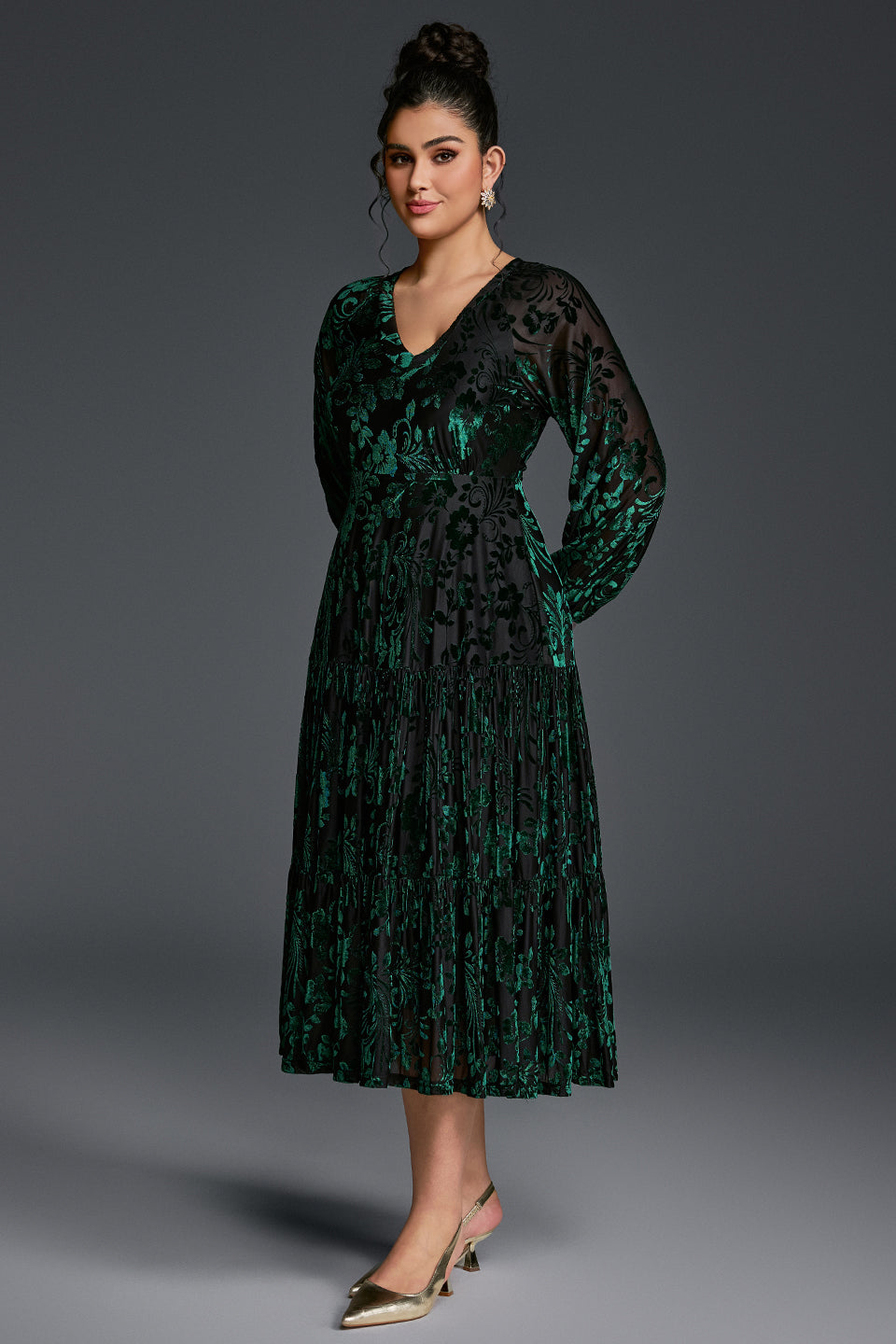 Curveins Plus Size V-Neck Flowy Bell Sleeves Pleated Velvet Maxi Dress